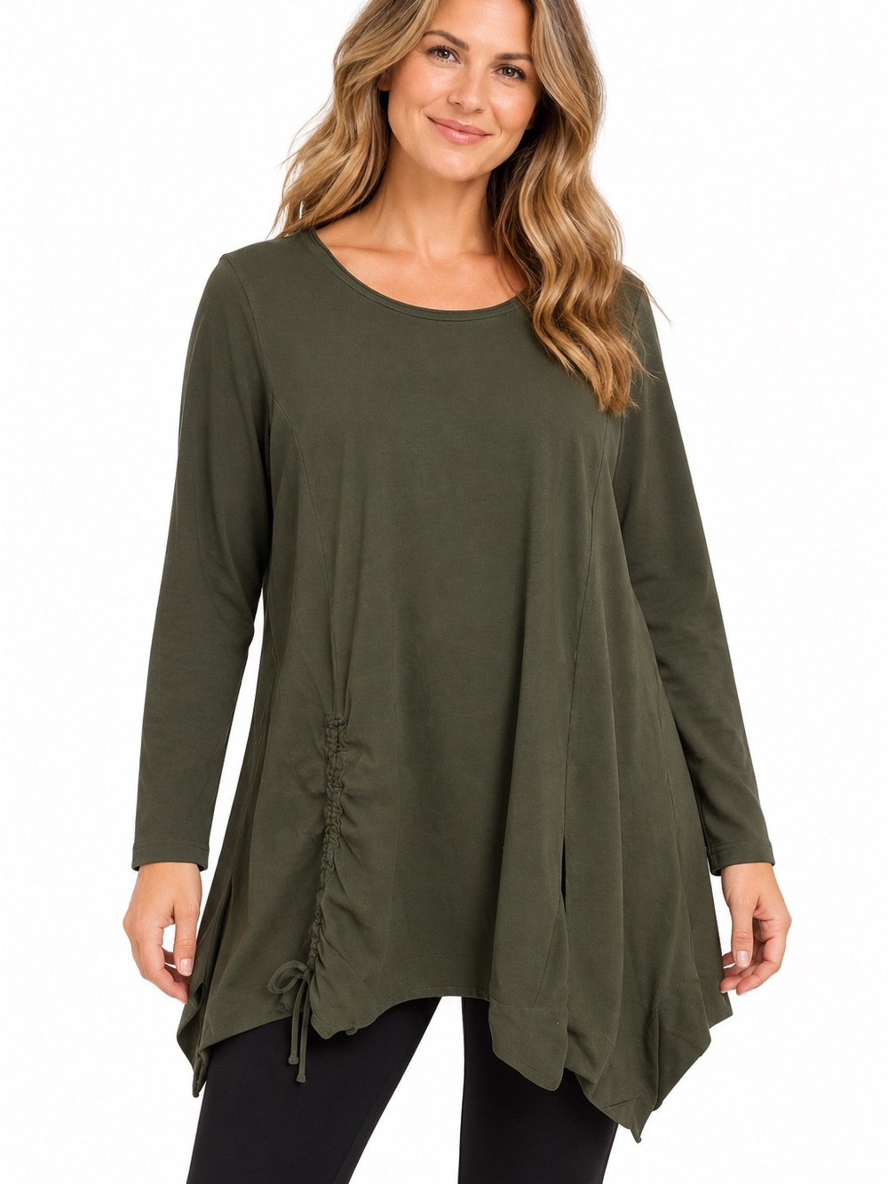 Barbara Speer Green Jersey Tunic Dress Arty Lagenlook Asymmetrical Hem Size 2
